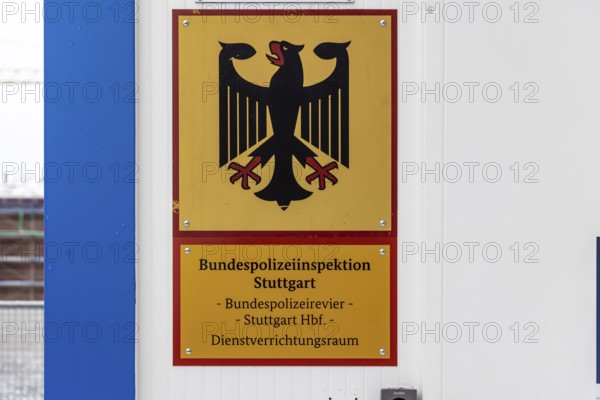 Federal police in Stuttgart Central Station. Because of the Stuttgart 21 construction site, the police are housed in a makeshift service room. Stuttgart, Baden-Württemberg, Germany