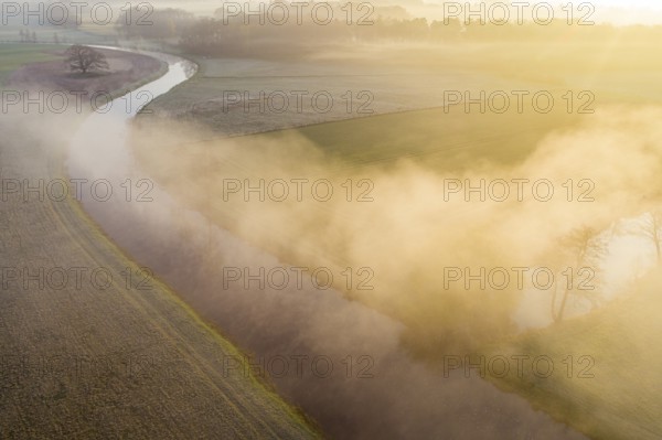 Aerial view of Hunte with fog in the morning near Bühren, Wildeshausen, Lower Saxony, Germany