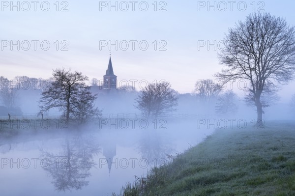 Daybreak on the Hunte with Colnrade Church at Blue Hour, Colnrade, Lower Saxony, Germany