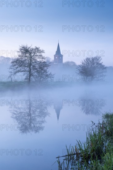 Daybreak on the Hunte with Colnrade Church at Blue Hour, Colnrade, Lower Saxony, Germany