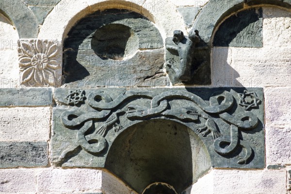 Details on the façade of the Romanesque Pisan church of San Michele de Murato, Bevinco Valley, Haute-Corse Department, Corsica, Mediterranean Sea, France