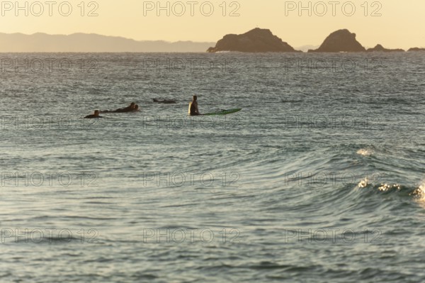 Evening light at Cape Byron with surfers near waves and Julian Rocks Nguthungulli Nature Reserve, New South Wales, Australia
