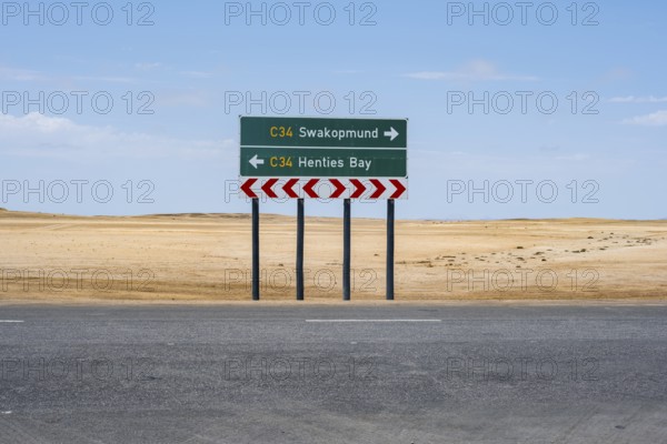 Road sign, Swakopmund and Henties Bay, Skeleton Coast, Dorob National Park, Namibia