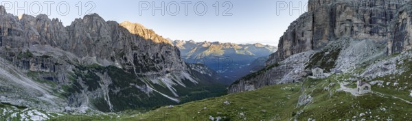 Rifugio Maria E Alberto Ai Brentai mountain hut and rocky peak, Brenta, Trentino, Italy
