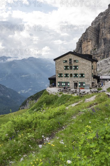 Rifugio Maria E Alberto Ai Brentai mountain hut and rocky peak, Brenta, Trentino, Italy