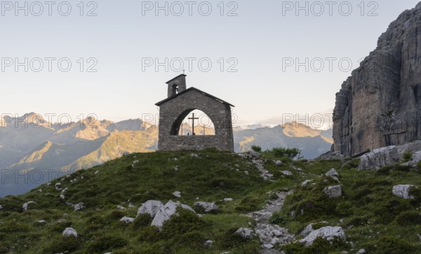 Cappella Ai Brentei Chapel Memorial for injured mountaineers at the Rifugio Ai Brentei mountain hut, picturesque mountain landscape, Brenta, Trentino, Italy
