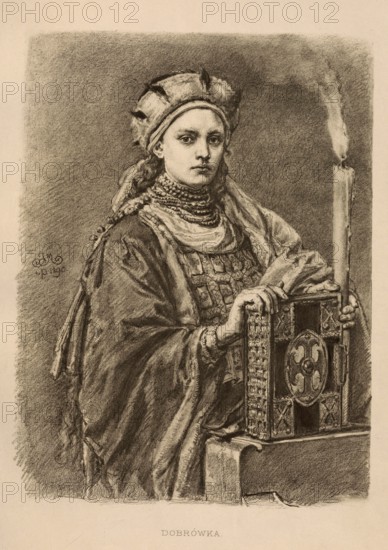 Dubrawka of Bohemia, also Dabrowka, Dabrówka, Dobrawa Przemyslidka (died 977) from the ruling family of the Premyslids was from 965 as woman of the Polish Duke Mieszko I. Duchess of Poland, authentic, digitally restored reproduction from a 19th century model, exact date of depiction unknown, Historical
