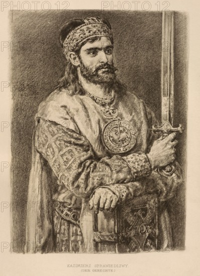 Casimir the Just, Kazimierz II Sprawiedliwy, (born 1138, died 5 May 1194 in Krakow) was Duke of Lesser Poland in Wislica from 1166 to 1173, from 1173 Duke of Lesser Poland in Sandomir, from 1177, as Casimir II, Duke of Lesser Poland in Krakow and thus Senior Duke of Poland, and from 1186 also Duke of Mazovia and Kujawy, authentic, digitally restored reproduction from a 19th century model, exact date of depiction unknown, historical