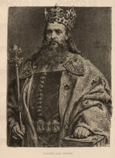 Casimir the Great, Kazimierz III Wielki, (born 30 April 1310 in Kowal, died 5 November 1370 in Kraków) was the youngest son of King Wladyslaw I Ellenlang from his marriage to Hedwig of Kalisch, daughter of Boleslaw, Duke of Greater Poland. Casimir descended from the dynasty of the Kuyavian Piasts and was King of Poland from 1333 as Casimir I, authentic, digitally restored reproduction from a 19th century model, exact date of depiction unknown, Historical