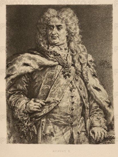 Augustus the Strong (born 12 May 1670 in Dresden, died 1 February 1733 in Warsaw) from the Albertine line of the House of Wettin was Elector of Saxony from 1694 to 1733 as Frederick Augustus I and from 1697 to 1706 and again from 1709 to 1733 as Augustus II in personal union as King of Poland and Grand Duke of Lithuania, authentic, digitally restored reproduction from a 19th century original, exact date of depiction unknown, historical