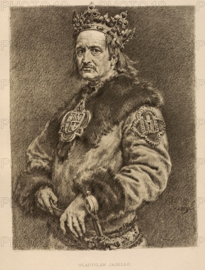 Jogaila (born in front of 1362, died 1 June 1434) was Grand Duke of Lithuania from 1377 to 1381, and again from 1382 to 1401. After his baptism and marriage to the Polish Queen Hedwig of Anjou, he was crowned King of Poland on 4 March 1386 in Kraków as Wladyslaw II. Jagiello and ruled Poland in personal union with his wife until her death on 17 July 1399 and then alone until his death, authentic, digitally restored reproduction from a 19th century model, exact date of depiction unknown, historical
