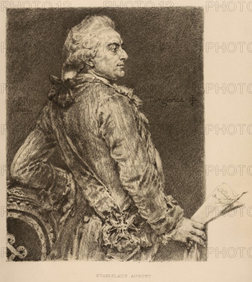 Stanislaw II. August, Stanislaw Antoni Poniatowski, (born 17 January 1732 in Wolczyn, Poland-Lithuania, died 12 February 1798 in Saint Petersburg, Russian Empire) came from the noble Poniatowski family. He was elected King of Poland and Grand Duke of Lithuania in 1764 with the support of the Russian Empress Catherine the Great and reigned as the last of the Polish elective kings until his abdication in 1795, authentic, digitally restored reproduction from a 19th century original, exact date of depiction unknown, Historical