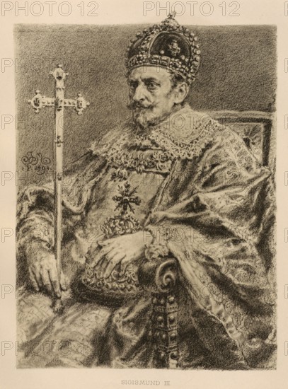 Sigismund III. Wasa, Zygmunt III Waza, (born 20 June 1566 at Gripsholm Castle, Mariefred, Swedish Empire, died 30 April 1632 in Warsaw, Poland) was King of Poland and Grand Duke of Lithuania from 1587, authentic, digitally restored reproduction from a 19th century original, exact date of depiction unknown, Historical