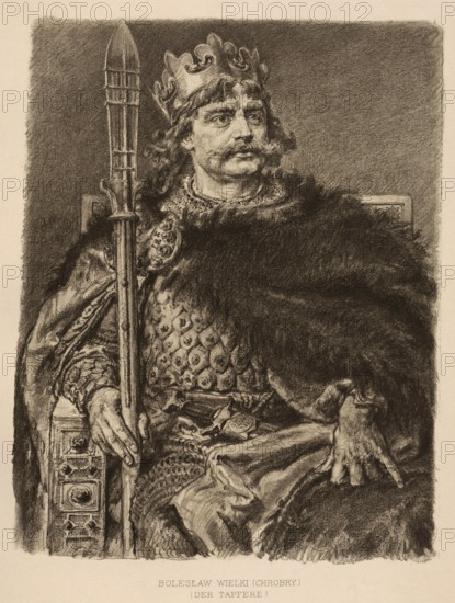Boleslaw I, the Brave, Polish Boleslaw I Chrobry (born 965/967, died 17 June 1025), from the ruling family of the Piasts was Duke of Poland from 992 and first King of Poland from 1000 and 1025 respectively, from 1003 to 1004 as Boleslav IV also Duke of Bohemia, authentic, digitally restored reproduction from a 19th century original, exact date of depiction unknown, historical