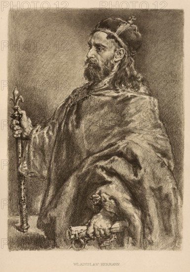 Wladyslaw I Herman (born around 1043, died 4 June 1102) was Duke of Poland from the Piast dynasty from 1079 to 1102, authentic, digitally restored reproduction from a 19th century original, exact date of depiction unknown, historical