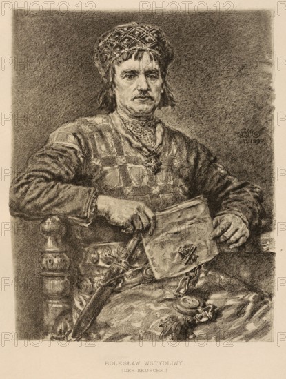 Boleslaw the Shamous or Boleslaw the Chaste, Boleslaw V Wstydliwy, born June 21, 1226 in Stary Korczyn, died December 7, 1279, from 1232 Duke of Malopolska in Sandomierz and from 1243, as Boleslaw V, Duke of Malopolska in Krakow and nominally Senior Duke of Poland, authentic, digitally restored reproduction of a 19th-century original, exact date of presentation unknown, historical