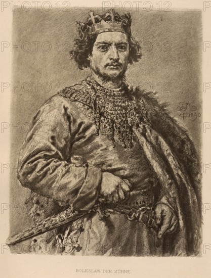 Boleslaw II, known as the Generous, also known as the Bold (Polish: Boleslaw II. Szczodry or Smialy, born 1042, died 22 March 1081 in Hungary), was the son of the Polish Duke Casimir I Charles and the Ruthenian Princess Maria Dobroniega. He descended from the Piast dynasty and was Duke of Poland from 1058 and King of Poland from 1076 to 1079, authentic, digitally restored reproduction from a 19th century model, exact date of depiction unknown, Historical