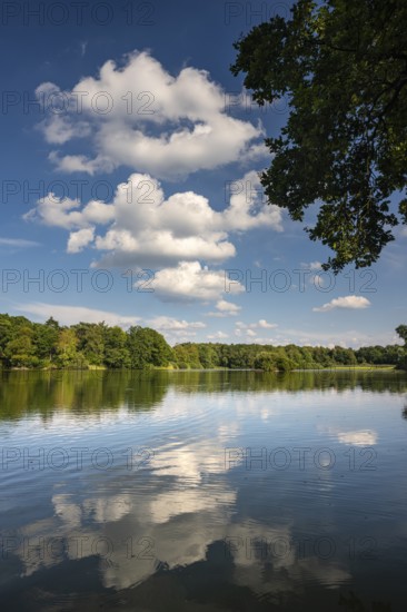 Cumulus clouds over Ahlhonrer fish ponds, reflection, Ahlhorn, Lower Saxony, Germany