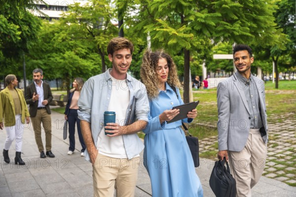 Group of diverse business professionals and entrepreneurs walking along a paved path in a green urban park, discussing work collaboratively and using digital devices