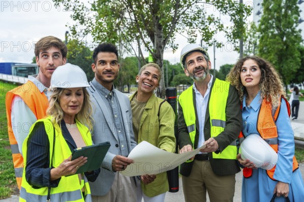Multi ethnic team of engineers and architects in hard hats and safety vests reviewing blueprints on an urban construction site, collaborating on planning and project details