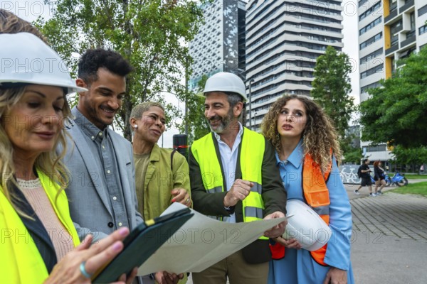 Group of diverse architects, engineers, and real estate professionals collaborating on a building project, discussing plans and digital documents outdoors in an urban environment