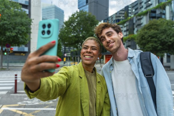 Diverse couple smiling and taking a selfie with a smartphone, sharing a moment of connection and happiness while exploring the vibrant urban city environment