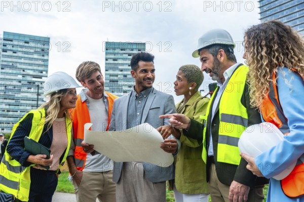 Diverse group of architects, engineers, and real estate professionals collaborating and discussing a blueprint at a construction site in a modern city