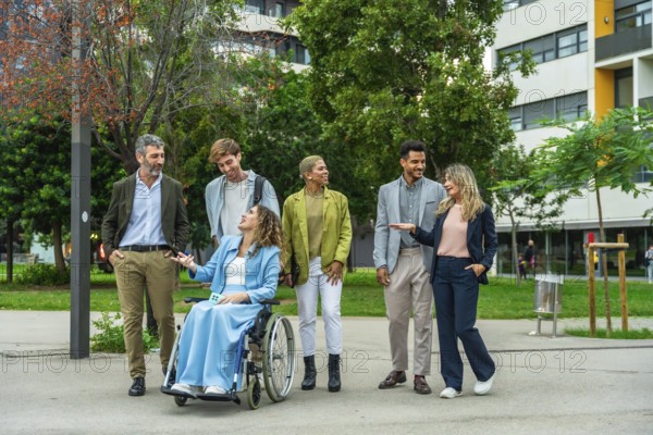 Diverse group of business people, including a woman in a wheelchair, engaging in a lively outdoor discussion surrounded by greenery and modern city buildings, promoting inclusion and teamwork