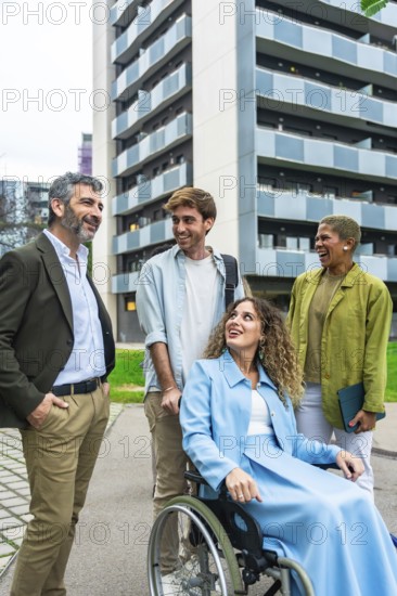 Diverse business colleagues and friends laughing and interacting outdoors in a communal city space, symbolizing teamwork, inclusion, accessibility, and modern workplace diversity