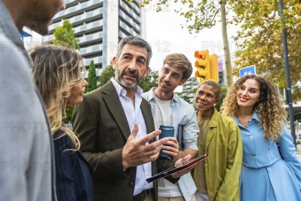 Diverse business professionals having an informal meeting on the street, actively engaging in conversation and exchanging ideas, collaborating on a common goal in an urban setting