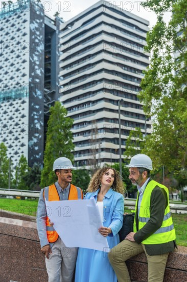Diverse group of architects and construction professionals in hard hats and vests analyzing architectural plans outdoors in a modern urban environment, collaborating on a new development project