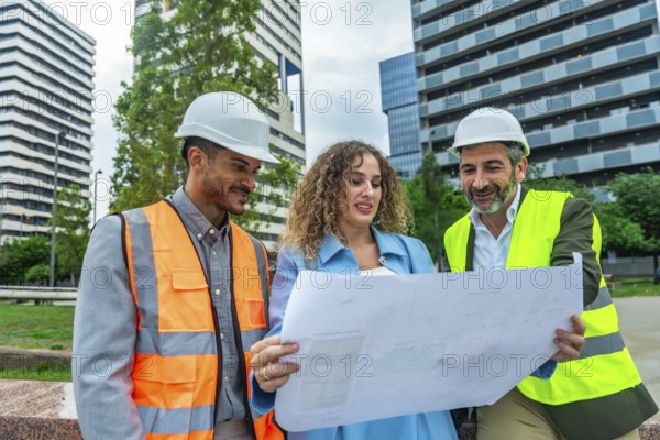 Construction team leader, architect, and engineer collaborating on a project, examining building plans and discussing ideas while standing in an urban environment with modern buildings