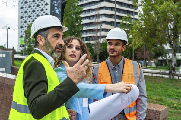 Group of diverse architects and engineers wearing hard hats and safety vests, discussing building plans and development while working outdoors in an urban construction and real estate environment