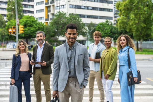 Diverse group of business people standing on a pedestrian crossing in an urban environment, smiling confidently while looking at the camera, representing collaboration and success