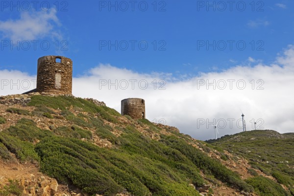 Genoese Towers and Wind Turbines, Cap Corse, Haute-Corse Department, Corsica, Mediterranean Sea, France
