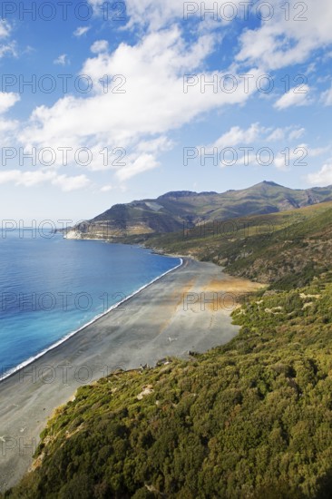 Black pebble beach Plage de Nonza or Plage Negro, Cap Corse, Haute-Corse Department, Corsica, Mediterranean Sea, France