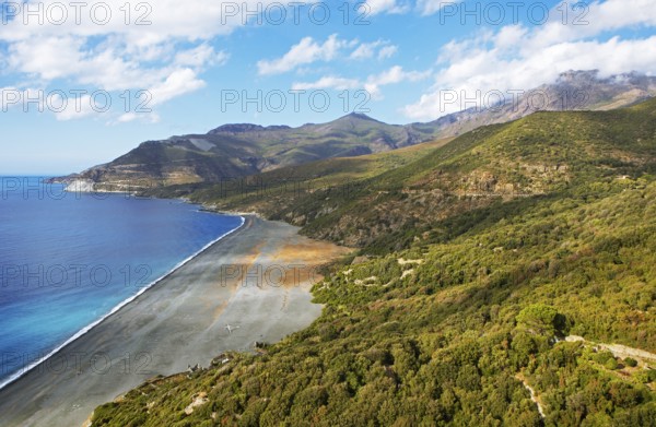 Black pebble beach Plage de Nonza or Plage Negro, Cap Corse, Haute-Corse Department, Corsica, Mediterranean Sea, France