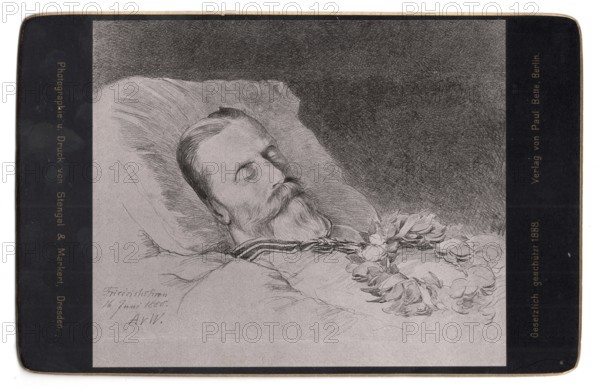 Historical cabinet map depicting Emperor Frederick III on his deathbed, Germany