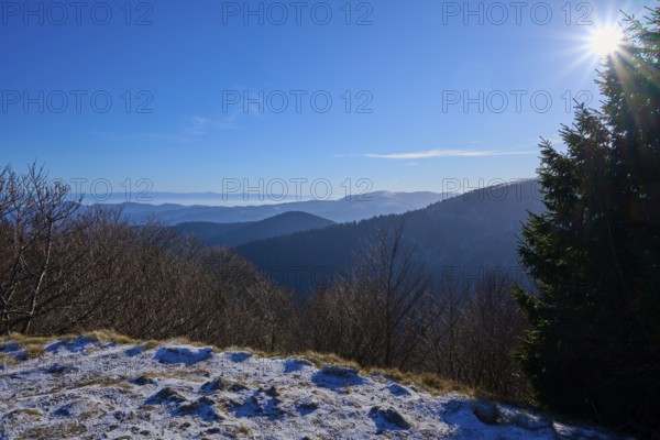 Clear landscape with snow-capped mountains and bright blue sky, view of the Rhine Valley, viewpoint, Martinswand, Frankental, Vosges, France