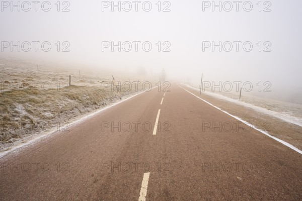 Deserted road leading into thick fog, winter, Route de Cretes, Hohneck, La Bresse, Vosges, France