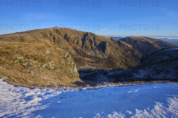 Snowy heights reveal vast valleys under clear skies and sunshine, winter, Route de Cretes, Hohneck, La Bresse, Vosges, France