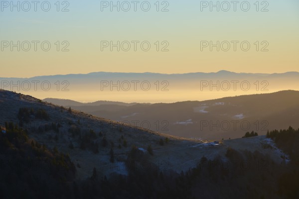 Mountain landscape at sunset with golden sky and hills, European beech, winter, Hohneck, La Bresse, Vosges, France