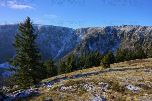 Snowy mountain landscape with spruce trees in the foreground, viewpoint, Martinswand, Frankental, Vosges, France