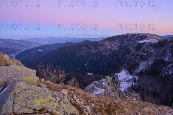 Hilly landscape at dusk, snow-covered, view of the Rhine Valley, viewpoint, La Gorge de Pierrel, Martinswand, Frankental, Vosges, France