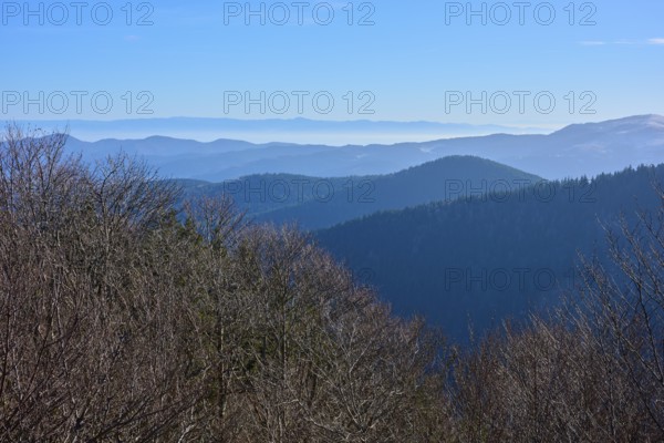 Gentle mountain silhouettes stretch into the distance under a clear sky, morning, viewing, Rhine Valley, Martinswand, Frankental, Vosges, France