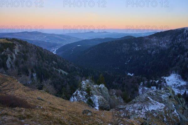 Hilly landscape at sunset with distant view, view of the Rhine Valley, viewpoint, La Gorge de Pierrel, Martinswand, Frankental, Vosges, France
