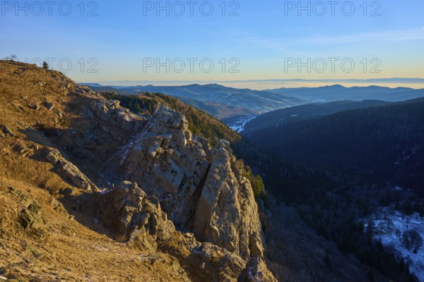 Panoramic view of rocky mountain landscape under blue sky and extensive view, view of the Rhine Valley, viewpoint, La gorge de Pierrel, Martinswand, Frankental, Vosges, France