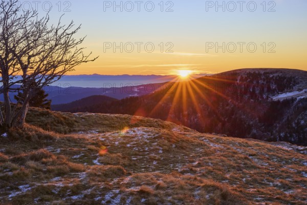 An extensive valley illuminated by the rising sun, with snow-covered slopes and golden rays, looking towards the Rhine Valley, viewpoint, La gorge de Pierrel, Martinswand, Frankental, Vosges, France