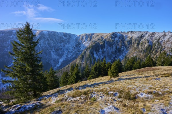 Snow-capped mountains with firs and blue sky, viewpoint, Martinswand, Frankental, Vosges, France