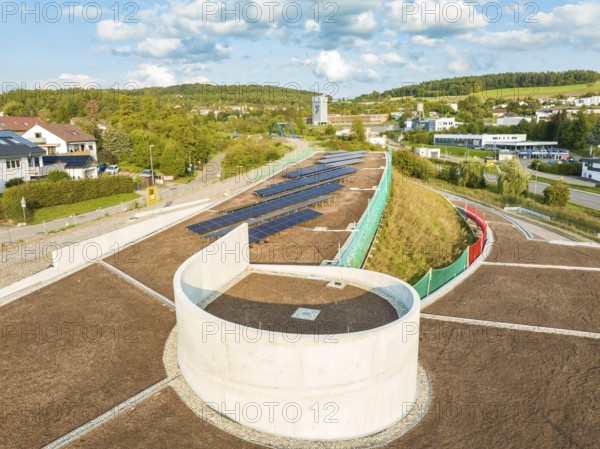 Solar panels on an architecturally designed roof with green barriers, new Park and Ride Calw Heumaden car park on the new Hermann Hessebahn, Calw, Germany